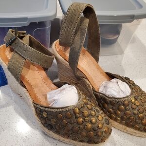 Apepazza ankle-wrap wedge espadrilles. Olive canvas EmbellishWedge Espadrilles